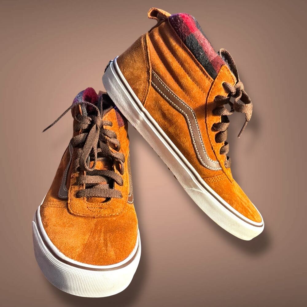 Men's 9 VANS Sk8-hi MTE Winter Brown Leather And Plaid Mid Skater Sneakers EUC